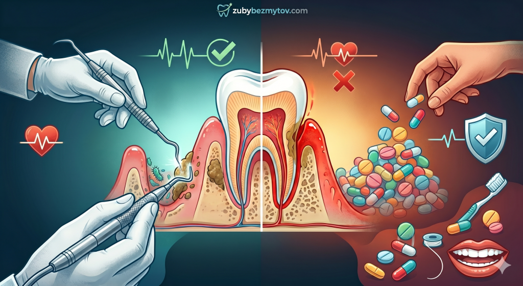 liečiť parodontitídu antibiotikami, Ilustrácia zuba a tabliet pripravených na liečbu parodontitídy antibiotikami.
