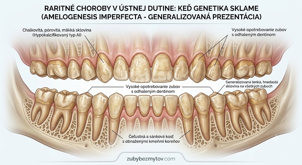 Raritné choroby - medicínska infografika zobrazujúca generalizovanú prezentáciu ochorenia Amelogenesis Imperfecta v hornej a dolnej čeľusti. Anatomická schéma ukazuje hnedasté, kriedové a pórovité zuby s výrazne opotrebovanou sklovinou a odhaleným dentínom. Šípky označujú špecifické prejavy: hypokalcinovaný typ AI s mäkkou sklovinou, vysoké opotrebovanie zubov a obnažené kmeňové korene v čeľustnej a sánkovej kosti. V dolnej časti je logo zubybezmytov.com.