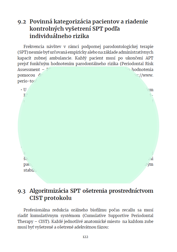 Úryvok textu z kapitoly o intervaloch podpornej parodontologickej terapie, kde sú časti textu zámerne zatienené pre čitateľovu zvedavoať